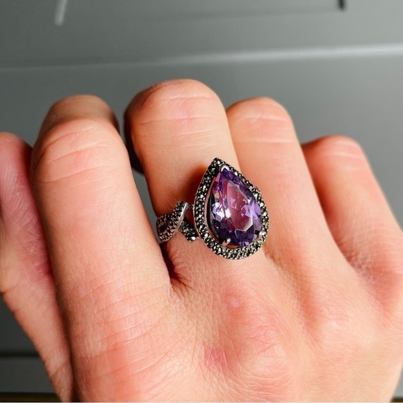 Amethyst, Marcasite Teardrop Sterling Silv. PJ Designer Ring February Bi… - Picture 5 of 12
